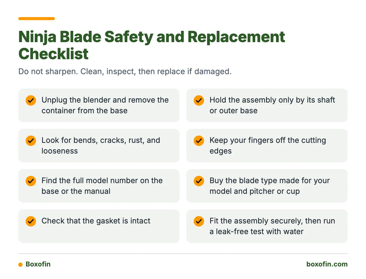 A checklist of safety and replacement steps for handling and replacing a Ninja blender blade assembly.