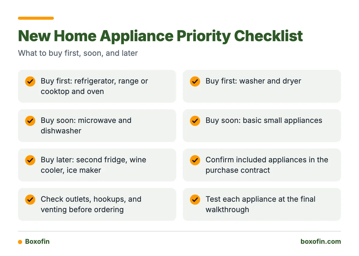 A checklist showing which appliances to buy before move-in, in the first few months, and later when budget allows.