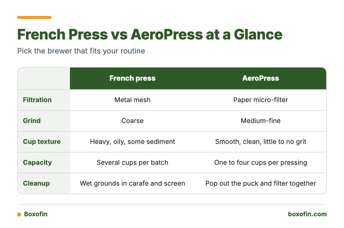 A comparison table of French press and AeroPress covering filtration, grind, cup texture, capacity and cleanup.